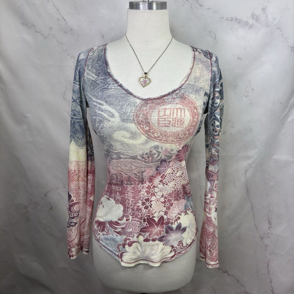 Vtg Y2K Lucky Brand Top 00s Asian Print Waffle Knit Long Sleeve Shirt 2000s - Picture 11 of 11